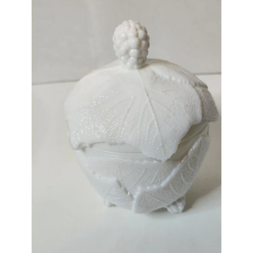 Vintage 6.5” Fostoria Milk Glass Grape Leaf Footed Candy Lidded Jar Dish